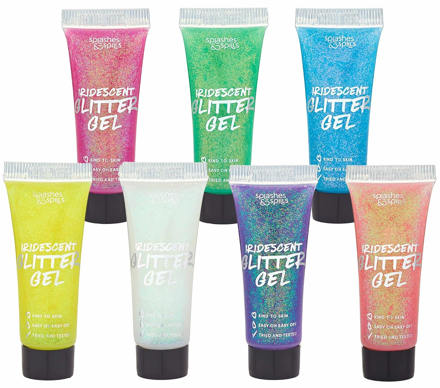 Iridescent Glitter Body Paint Gel - 7 Color Cosmetic Set 10 ml Tubes Makeup Glitter Gel for Hair, Body, Face Shimmer - Great for Dress Up, Festival, Costume Party, Halloween - by Splashes and Spills