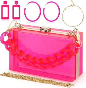 Jadive 4 Pcs Women Acrylic Hand Purse Clear Clutch Evening Bag Retro Earring Bracelet Jewelry Set Neon Vintage Wedding Gift
