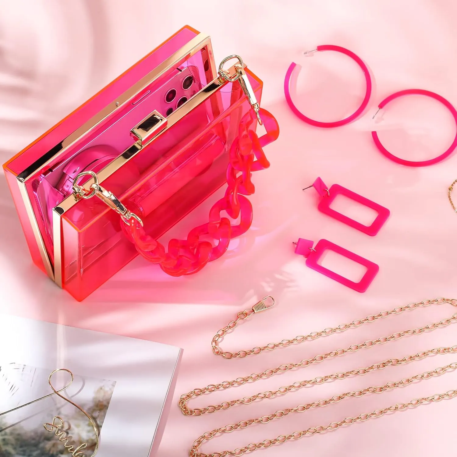 Jadive 4 Pcs Women Acrylic Hand Purse Clear Clutch Evening Bag Retro Earring Bracelet Jewelry Set Neon Vintage Wedding Gift