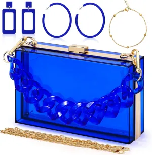 Jadive 4 Pcs Women Acrylic Hand Purse Clear Clutch Evening Bag Retro Earring Bracelet Jewelry Set Neon Vintage Wedding Gift
