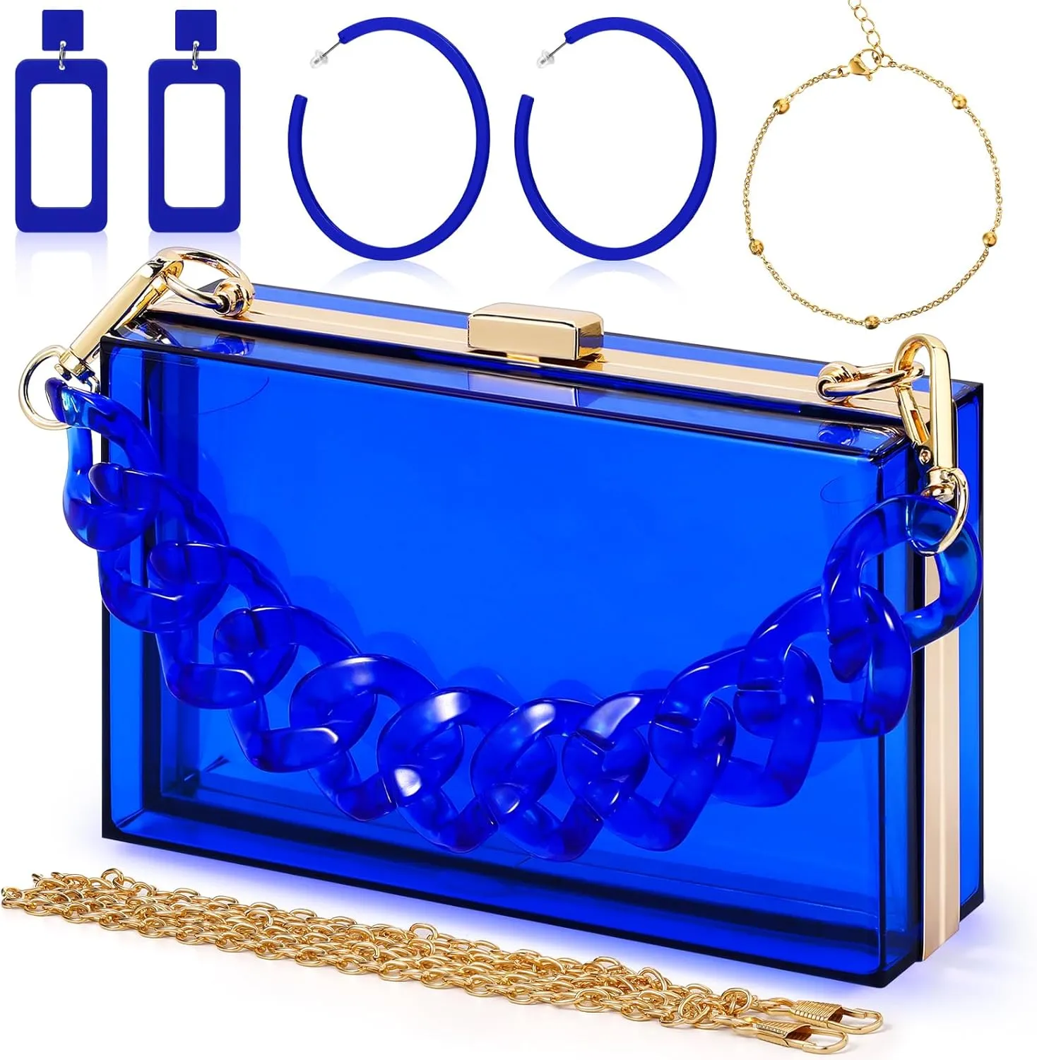 Jadive 4 Pcs Women Acrylic Hand Purse Clear Clutch Evening Bag Retro Earring Bracelet Jewelry Set Neon Vintage Wedding Gift