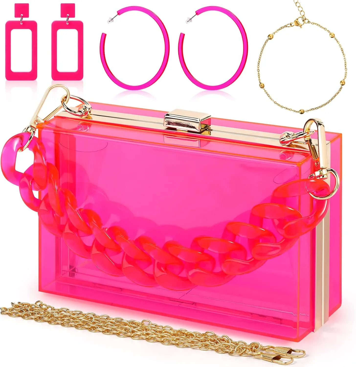 Jadive 4 Pcs Women Acrylic Hand Purse Clear Clutch Evening Bag Retro Earring Bracelet Jewelry Set Neon Vintage Wedding Gift