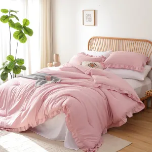 JANZAA Queen Comforter Set Baby Pink Ruffle Comforter with 2 Pillowcase Soft Queen Size Bed Set Vintage Farmhouse Bed Comforter Set Fluffy Shabby Chic Bedding for All Season