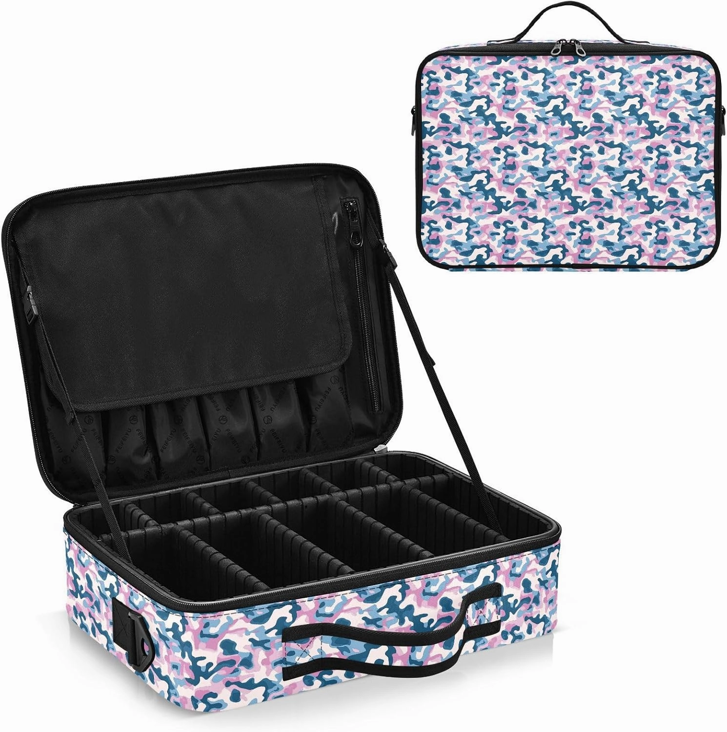 junzan Camouflage Large Makeup Organizer Bag Travel Makeup Train Case Flat Make Up Artist Case with Dividers and Adjustable Strap Electric Blue