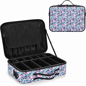 junzan Electric Blue Camouflage Large Makeup Organizer Bag Travel Makeup Train Case Flat Make Up Artist Case with Dividers and Adjustable Strap