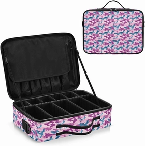 junzan Electric Blue Large Makeup Organizer Bag Travel Makeup Train Case Flat Make Up Artist Case with Dividers and Adjustable Strap Camo