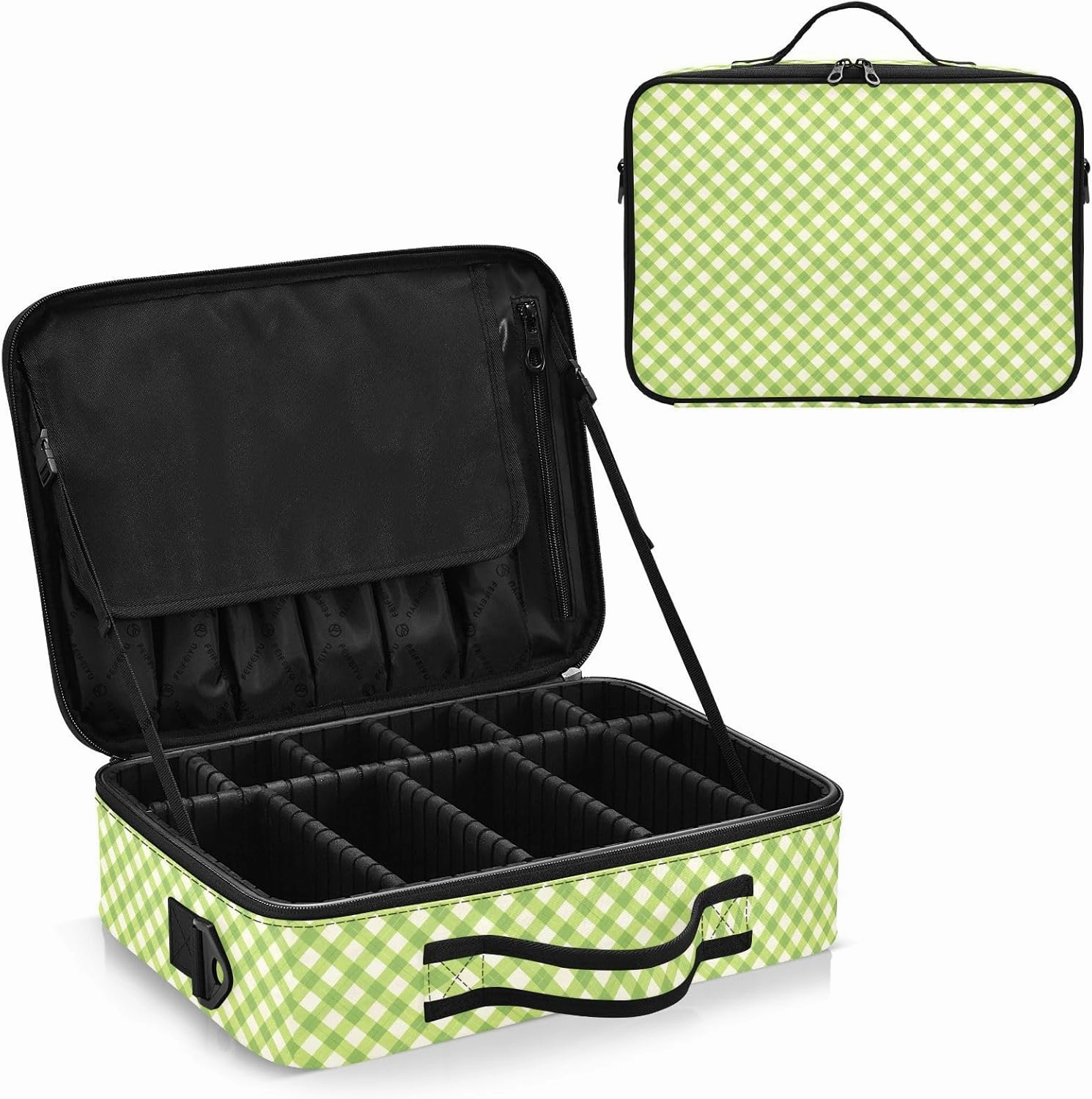 junzan Gingham Plaid Large Makeup Organizer Bag Travel Makeup Train Case Flat Make Up Artist Case with Dividers and Adjustable Strap Bright Green