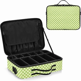 junzan Gingham Plaid Large Makeup Organizer Bag Travel Makeup Train Case Flat Make Up Artist Case with Dividers and Adjustable Strap Bright Green
