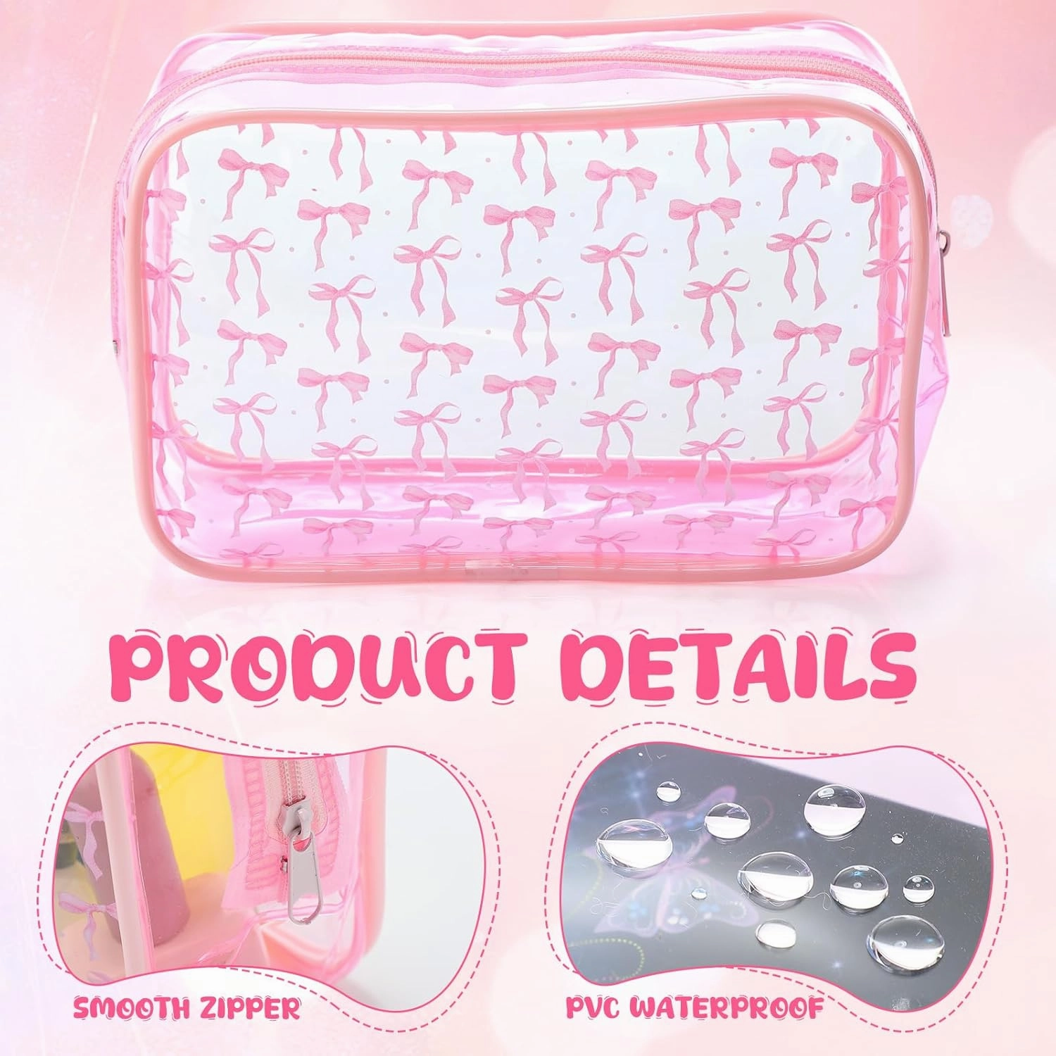 Kacctyen 12 Pcs Pink Bow Clear Cosmetics Bag Coquette Preppy PVC Makeup Bag Bulk Zippered Travel Toiletry Pouch Gift for Women Birthday Party Favor Nurse Graduation Organizer