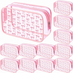 Kacctyen 12 Pcs Pink Bow Clear Cosmetics Bag Coquette Preppy PVC Makeup Bag Bulk Zippered Travel Toiletry Pouch Gift for Women Birthday Party Favor Nurse Graduation Organizer