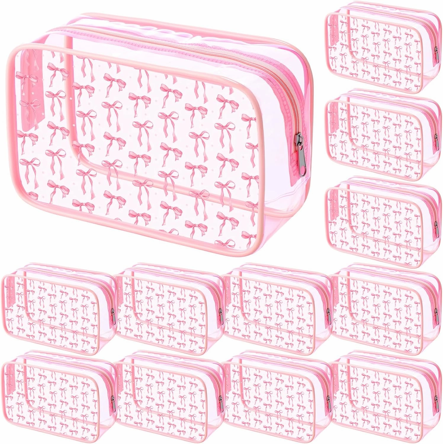Kacctyen 12 Pcs Pink Bow Clear Cosmetics Bag Coquette Preppy PVC Makeup Bag Bulk Zippered Travel Toiletry Pouch Gift for Women Birthday Party Favor Nurse Graduation Organizer