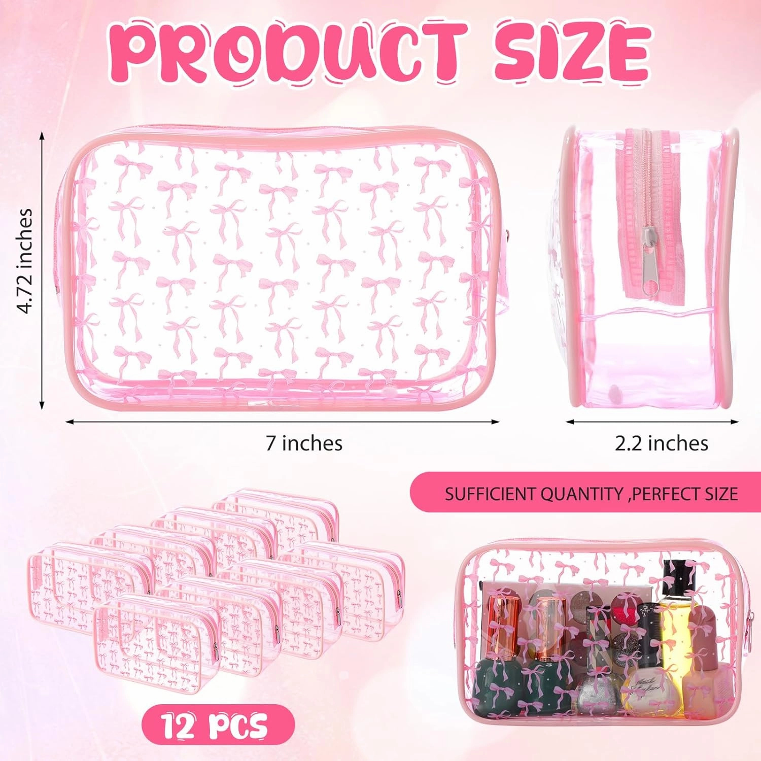 Kacctyen 12 Pcs Pink Bow Clear Cosmetics Bag Coquette Preppy PVC Makeup Bag Bulk Zippered Travel Toiletry Pouch Gift for Women Birthday Party Favor Nurse Graduation Organizer