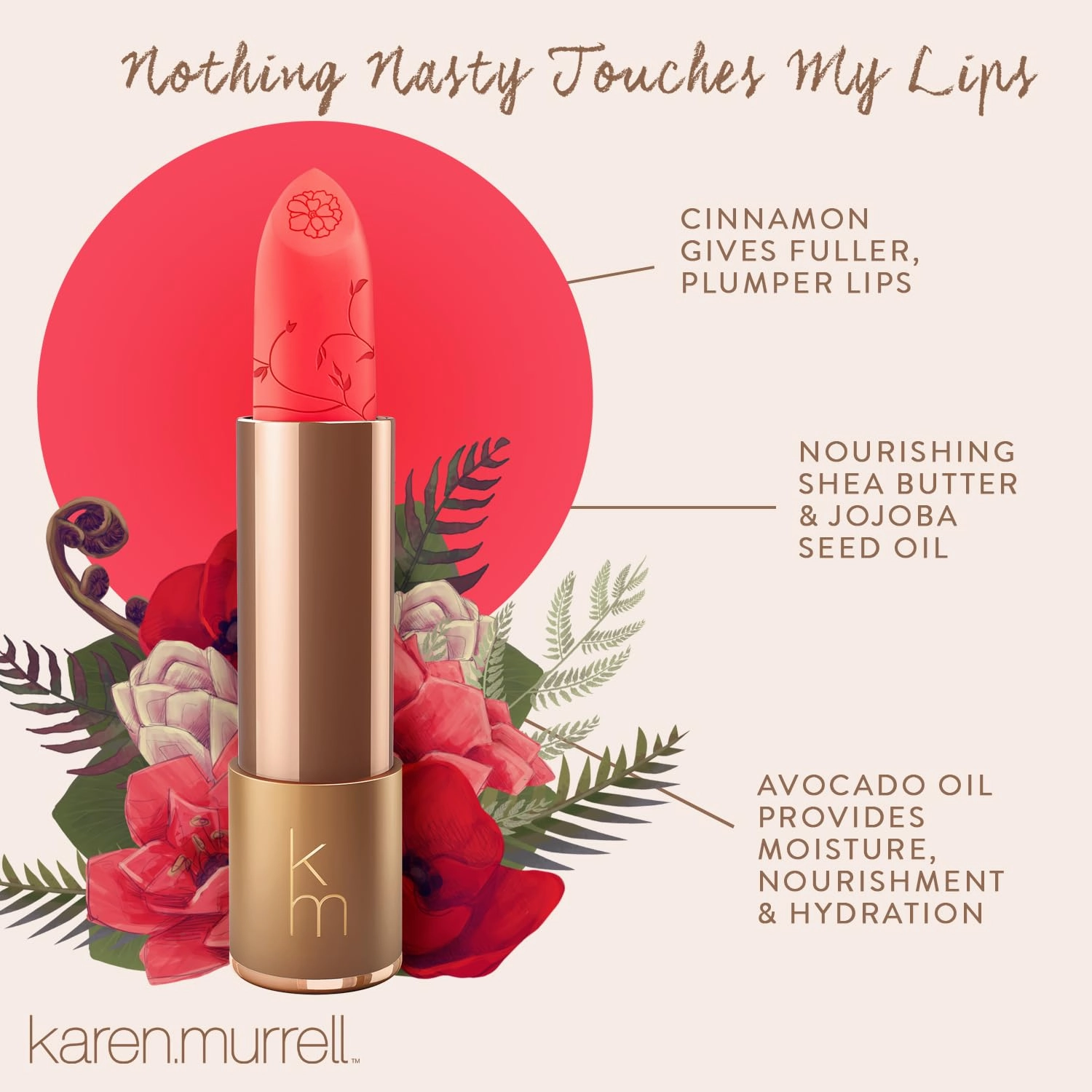 Karen Murrell - Natural Lip Stick - Lipstick 17 Poppy Passion - Coral Lipstick - Matte Finish, 100% Natural Ingredients, Moisturizes & Hydrates Lips - Paraben & Cruelty Free