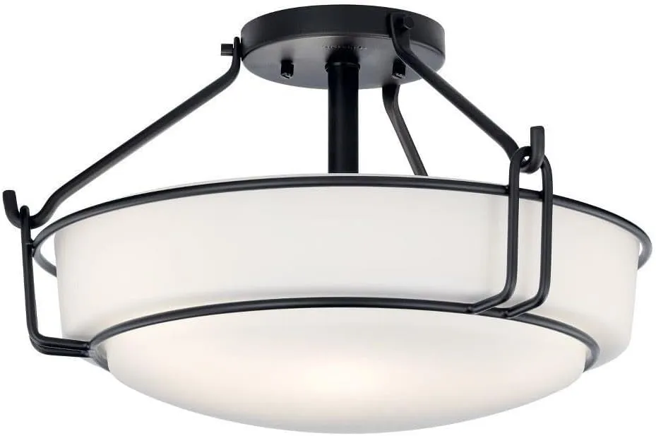 Kichler Alkire 16.5 inch 3 Light Semi Flush with Satin Etched Cased Opal Glass in Black