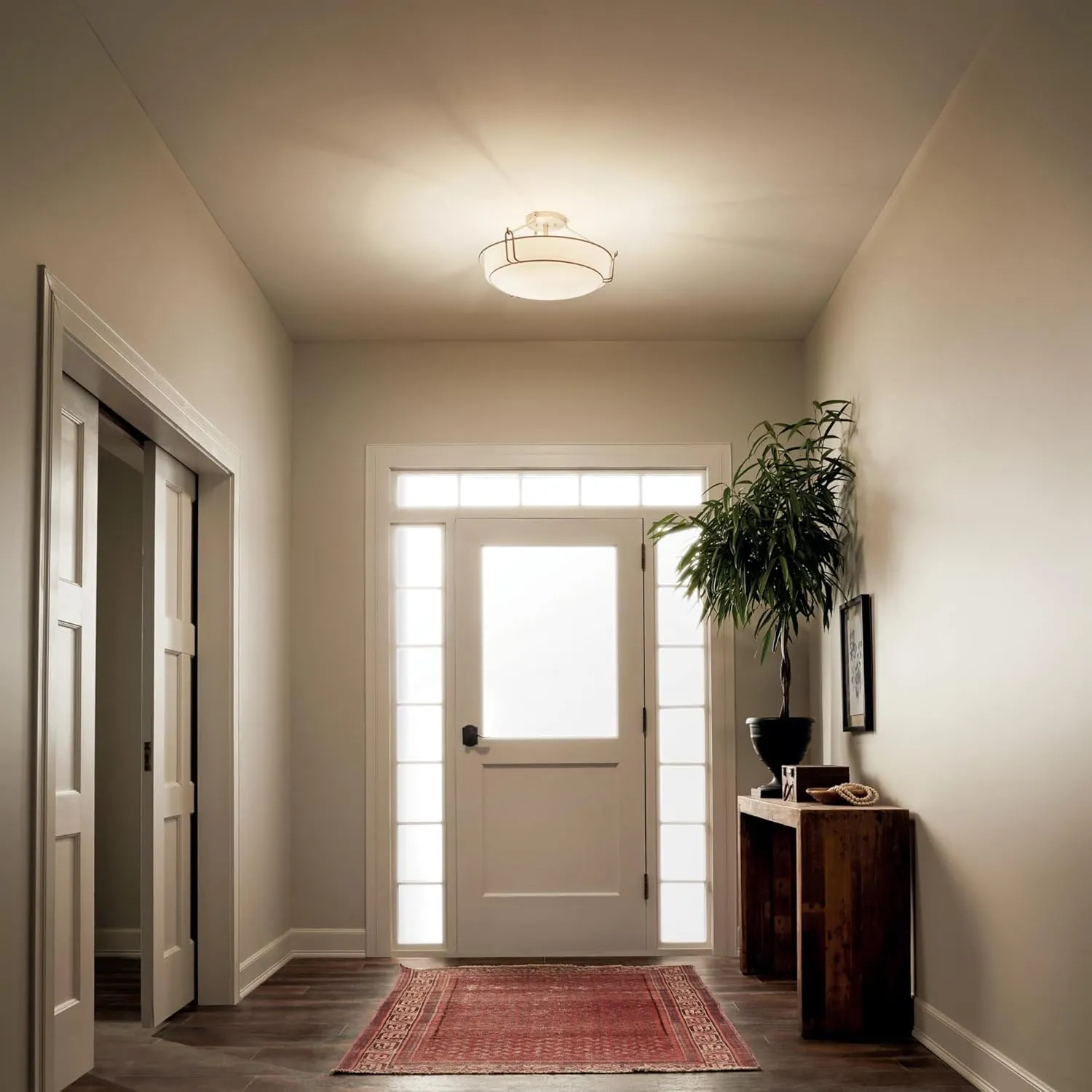 Kichler Alkire 22" Semi Flush Mount Ceiling Light in Brushed Nickel, 4-Light Modern Ceiling Light with Satin Etched White Glass, (22" W x 11" H), 44086NI