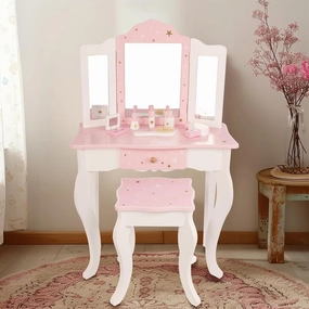 Kids Wooden Play Vanity Set with Vanity Table and 6 pcs Makeup Accessories, Tri-Fold Mirror, Storage Drawer and Matching Stool, Beauty Makeup Vanity Table and Chair Set for Toddlers (Pink)
