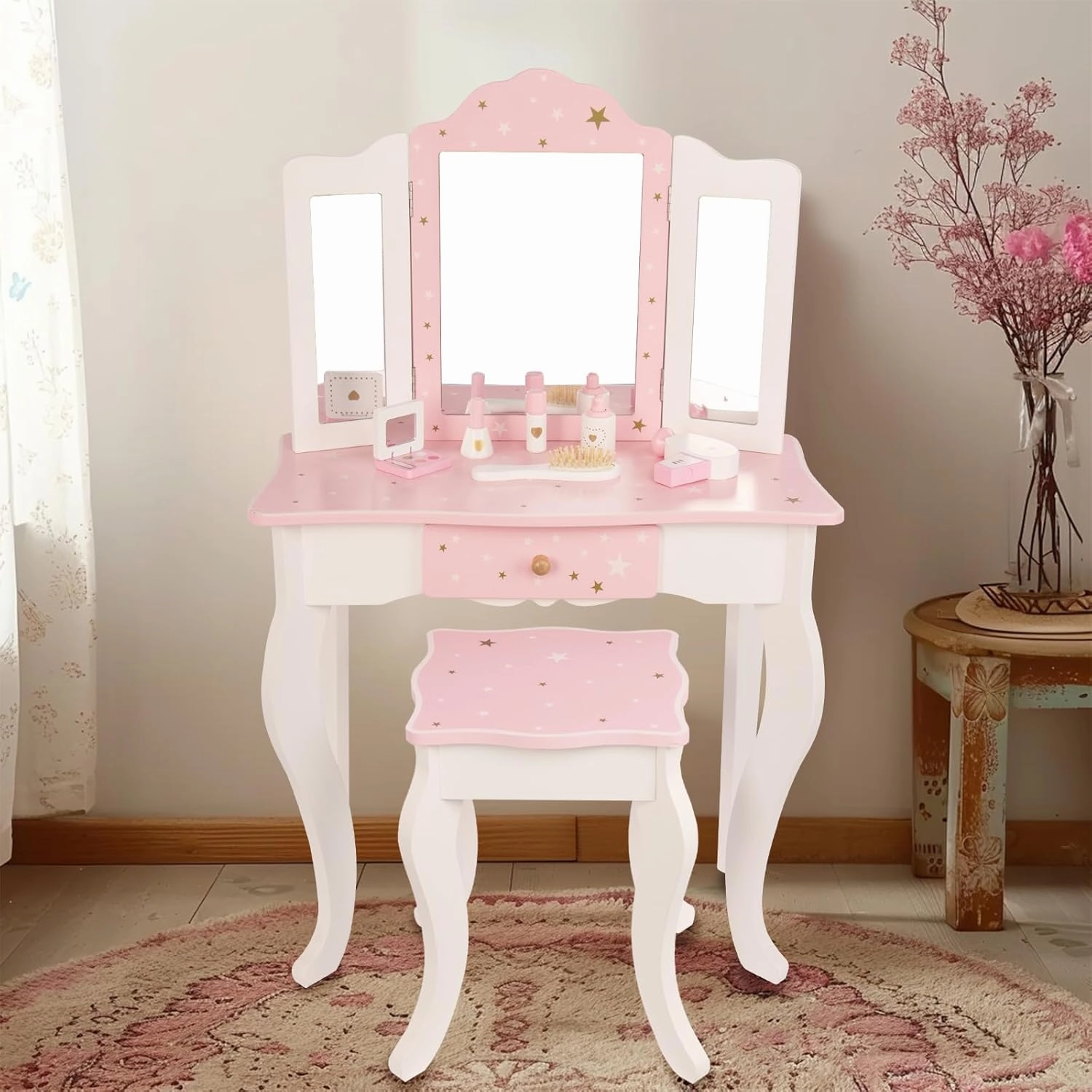 Kids Wooden Play Vanity Set with Vanity Table and 6 pcs Makeup Accessories, Tri-Fold Mirror, Storage Drawer and Matching Stool, Beauty Makeup Vanity Table and Chair Set for Toddlers (Pink)