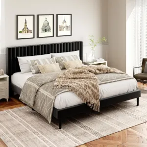 King Size Bed Frame, King Size Platform Bed Frame and Velvet Upholstered Headboard with Strong Wood Slats, Box Spring Optional, Mattress Foundation, Easy Assembly Black