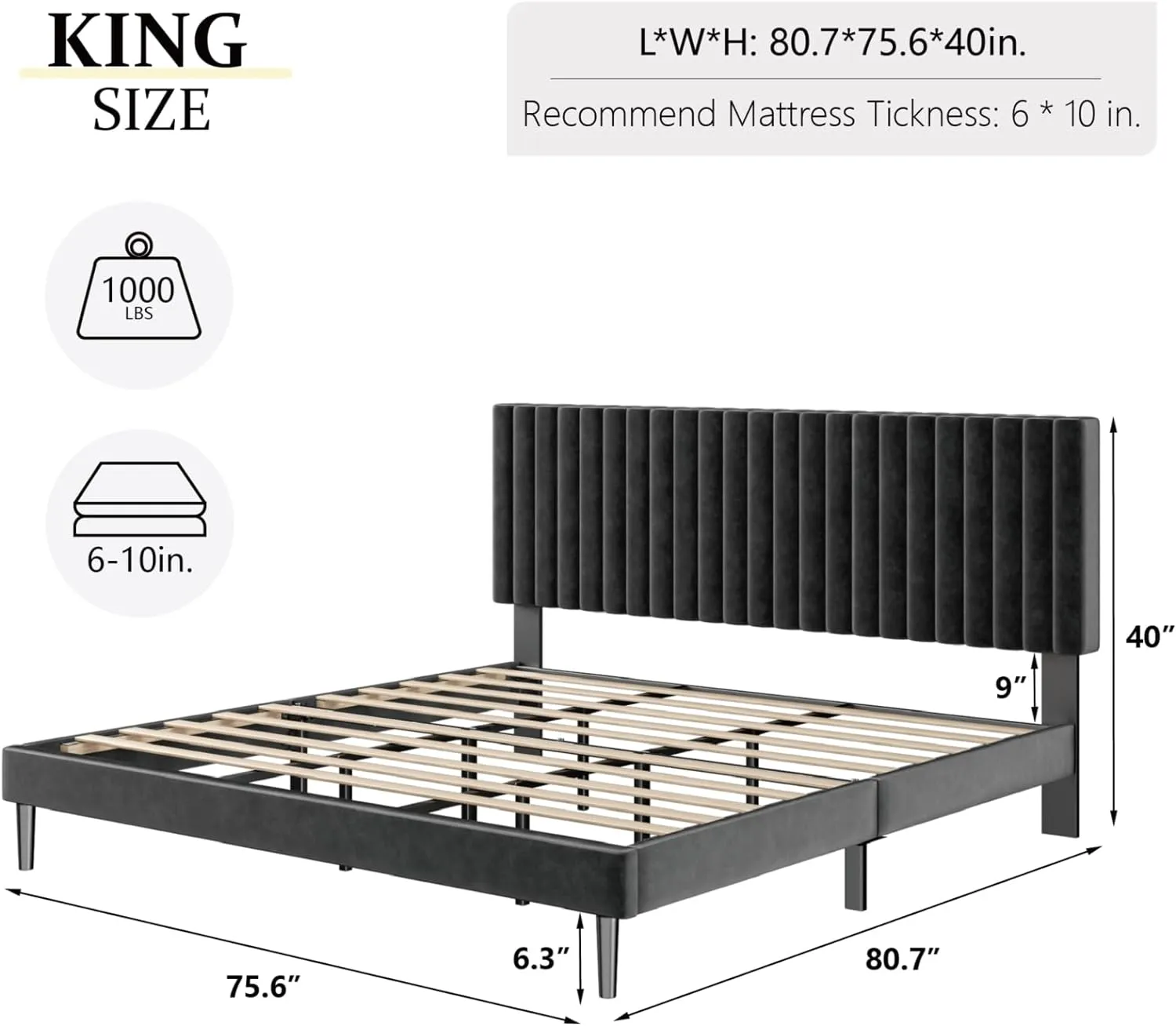 King Size Bed Frame, King Size Platform Bed Frame and Velvet Upholstered Headboard with Strong Wood Slats, Box Spring Optional, Mattress Foundation, Easy Assembly Black