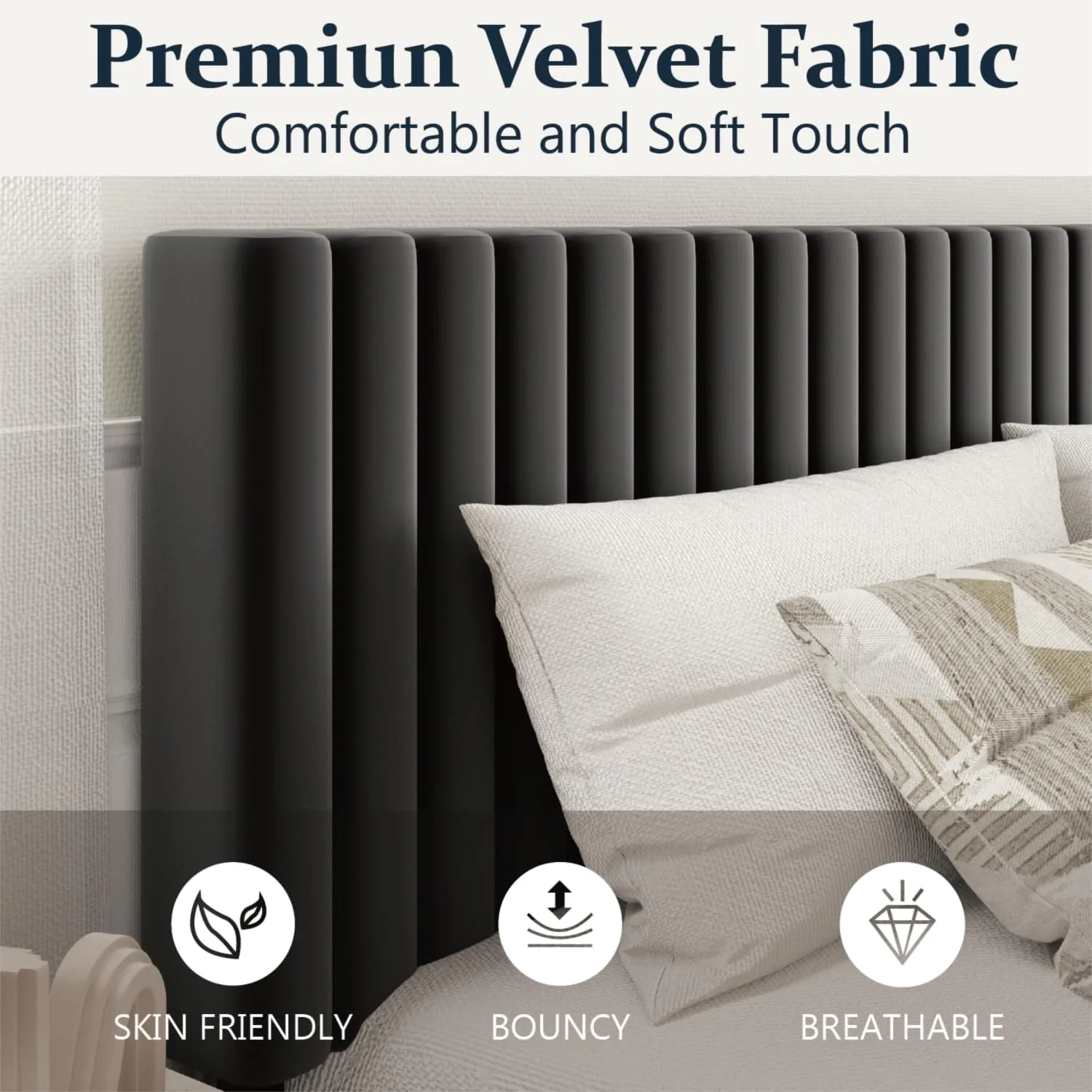 King Size Bed Frame, King Size Platform Bed Frame and Velvet Upholstered Headboard with Strong Wood Slats, Box Spring Optional, Mattress Foundation, Easy Assembly Black