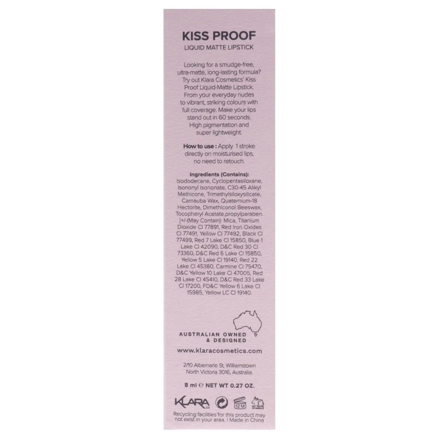 Klara Cosmetics Kiss Proof Liquid Matte Lipstick - Long Lasting, Nude - 0.3 oz