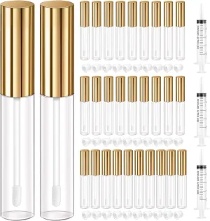 KPX 30 Pcs lip Gloss Tube Containers Bulk Wand 10ml Empty Clear Pink Lip Oil Tubes Refillable Lip Balm Bottles with Rubber Insert for DIY Makeup Such as Lip Samples, Homemade Lip Balm (Golden)