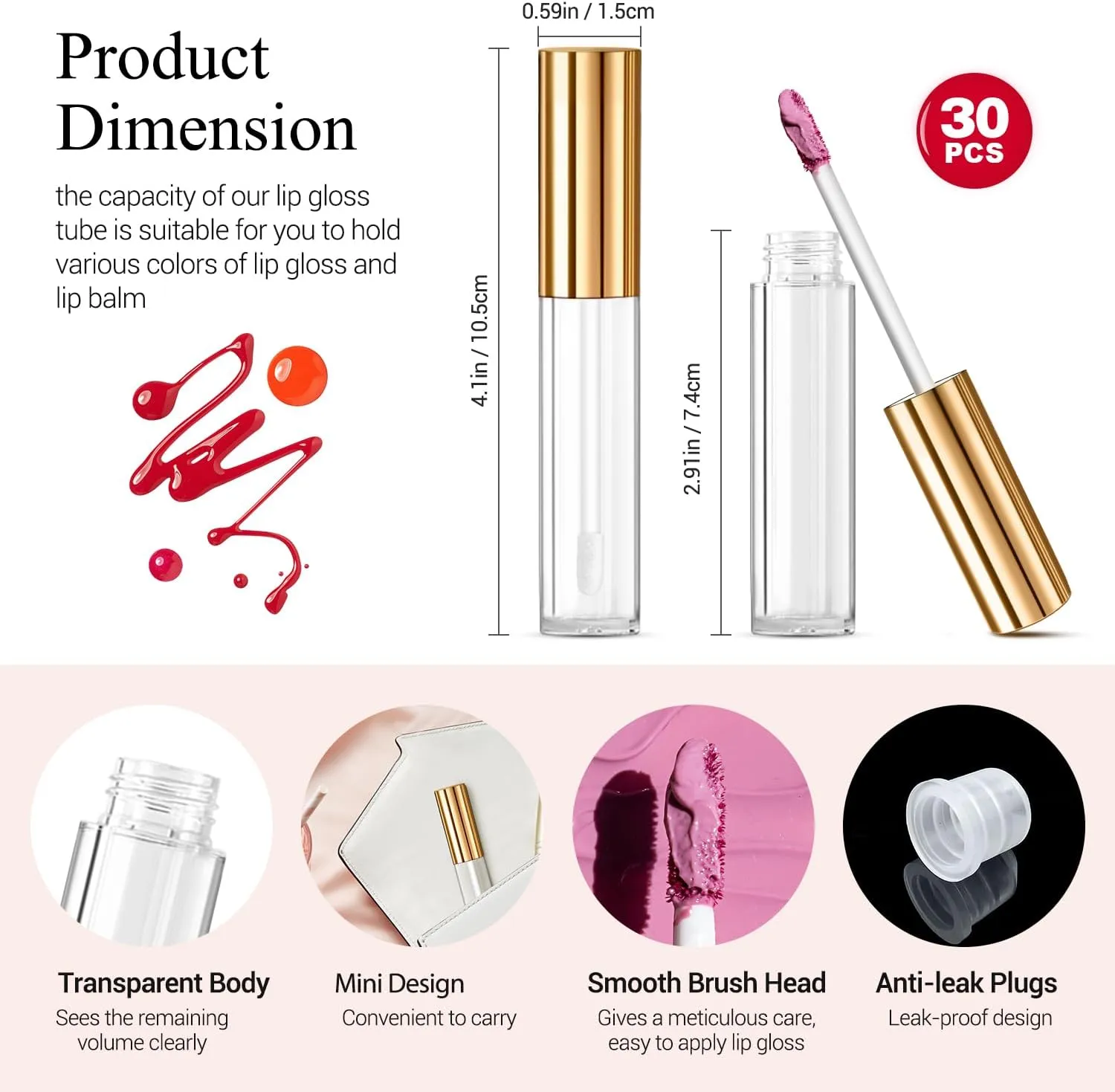 KPX 30 Pcs lip Gloss Tube Containers Bulk Wand 10ml Empty Clear Pink Lip Oil Tubes Refillable Lip Balm Bottles with Rubber Insert for DIY Makeup Such as Lip Samples, Homemade Lip Balm (Golden)