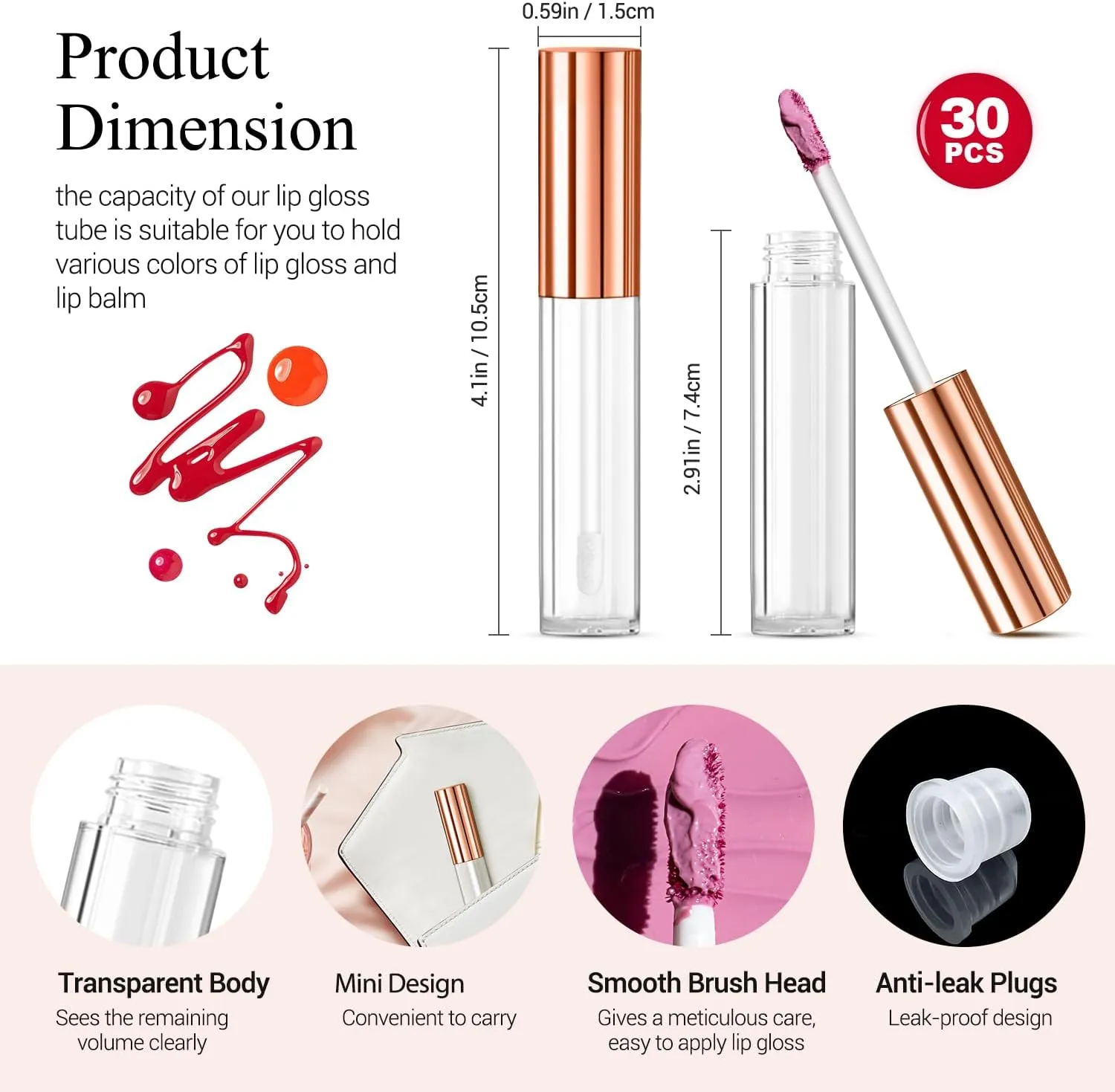 KPX 30 Pcs lip Gloss Tube Containers Bulk Wand 10ml Empty Clear Pink Lip Oil Tubes Refillable Lip Balm Bottles with Rubber Insert for DIY Makeup Such as Lip Samples, Homemade Lip Balm (Rose Golden)