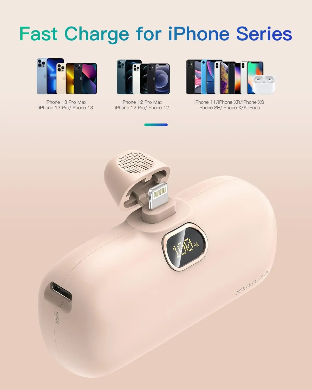 Kuulaa Small Portable Charger iPhone with Built-in Lightning Cable 5000mAh Power Bank Fast Charging for iPhone 14/13/13 Pro/12/12 Pro/11/XR/XS/X/8/7/6, Pink