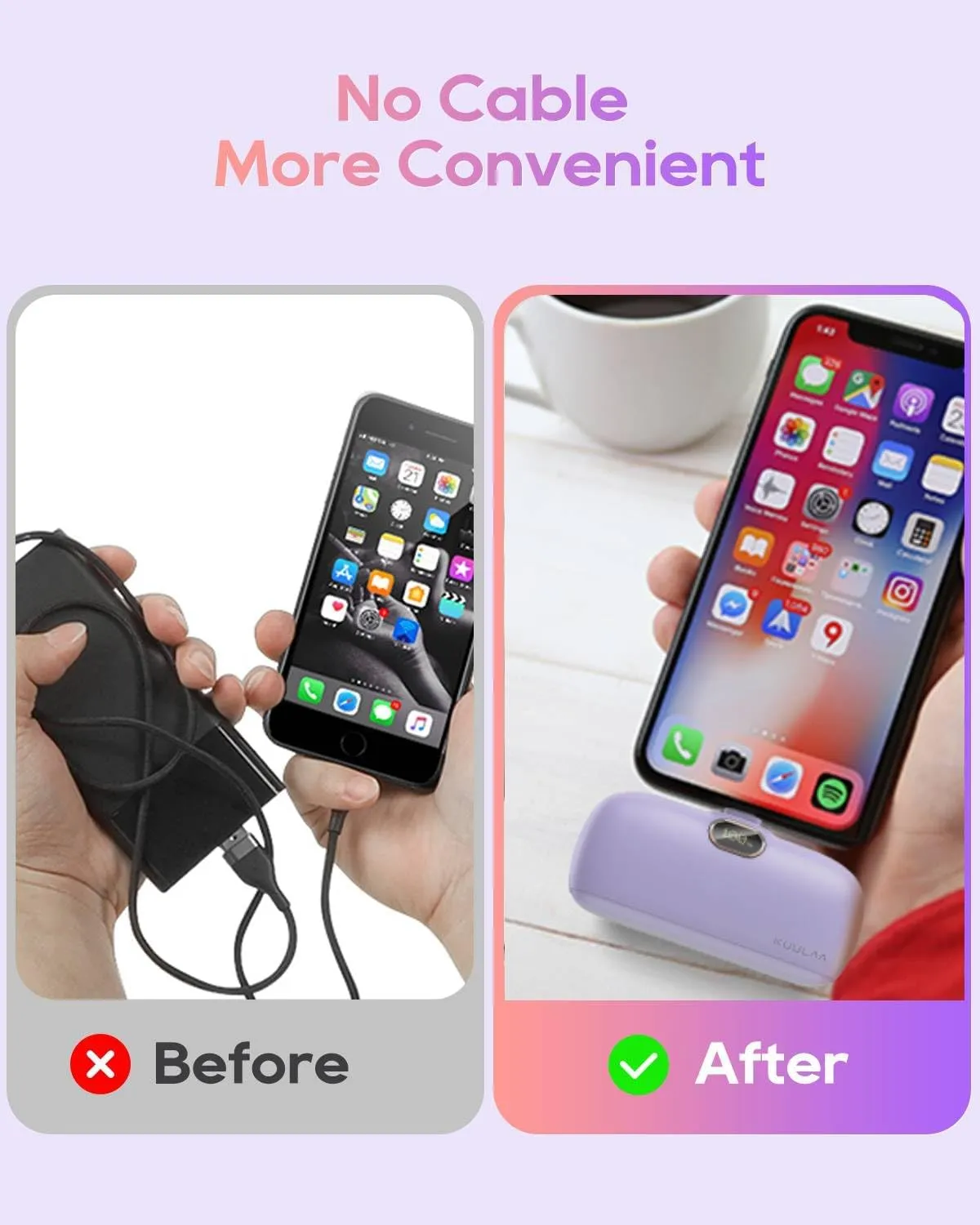 Kuulaa Small Portable Charger iPhone with Built-in Lightning Cable 5000mAh Power Bank Fast Charging for iPhone 14/13/13 Pro/12/12 Pro/11/XR/XS/X/8/7/6, Pink