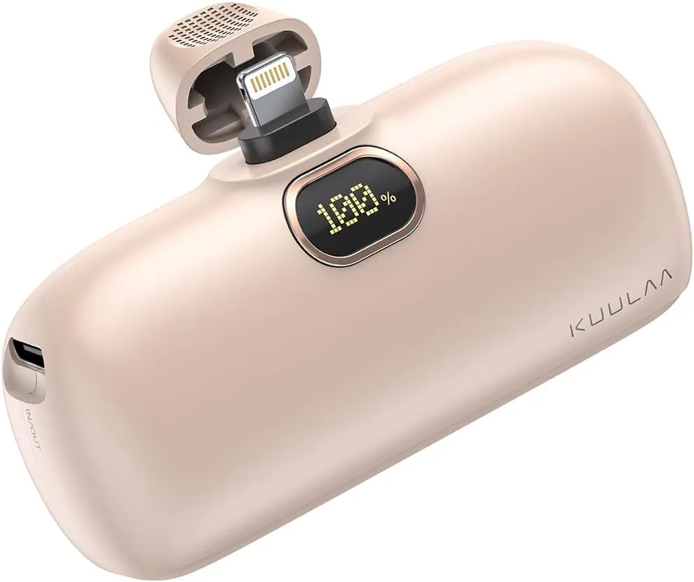 Kuulaa Small Portable Charger iPhone with Built-in Lightning Cable 5000mAh Power Bank Fast Charging for iPhone 14/13/13 Pro/12/12 Pro/11/XR/XS/X/8/7/6, Pink