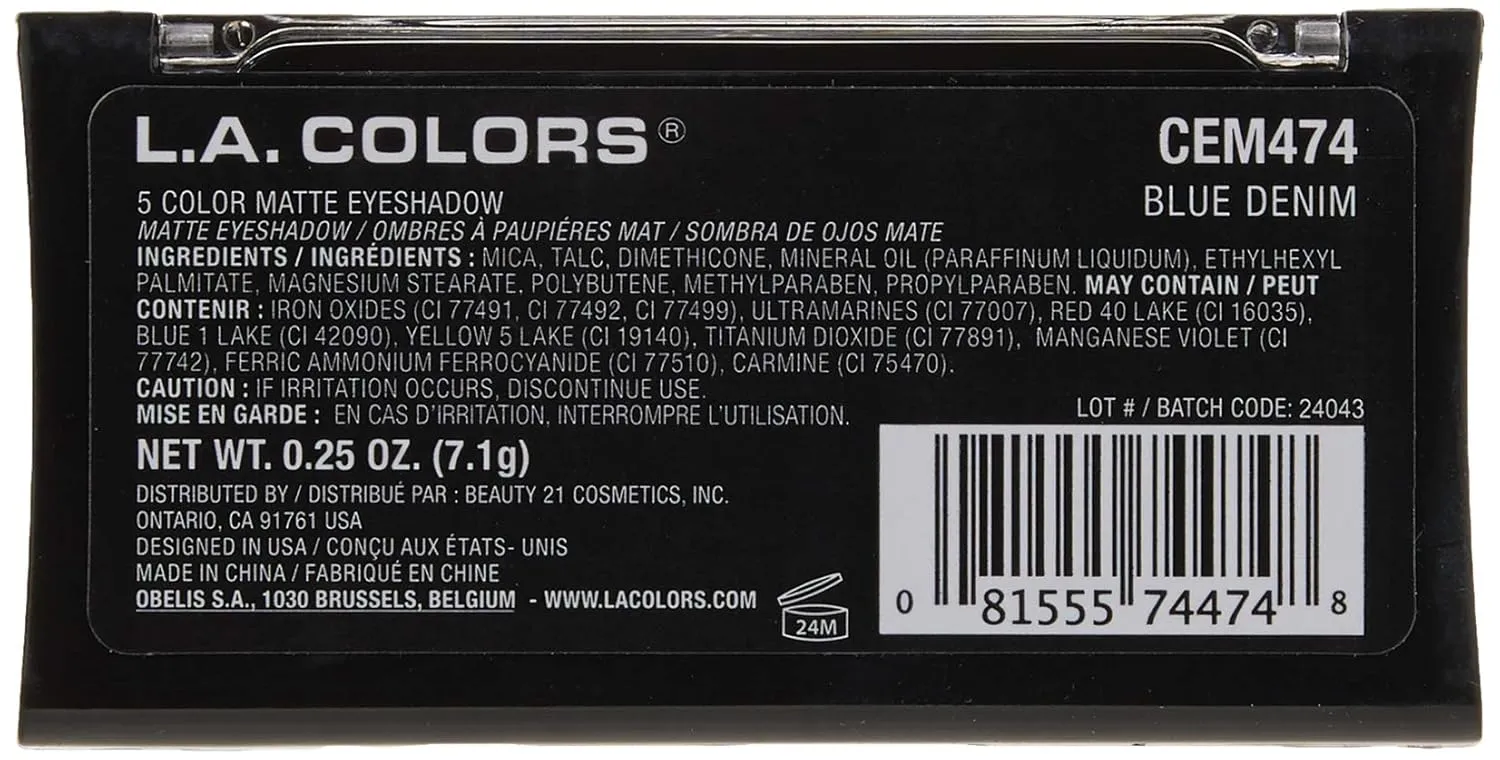 L.A. COLORS 5 Color Matte Eyeshadow Palette, Blue Denim CEM474 (Pack of 5)