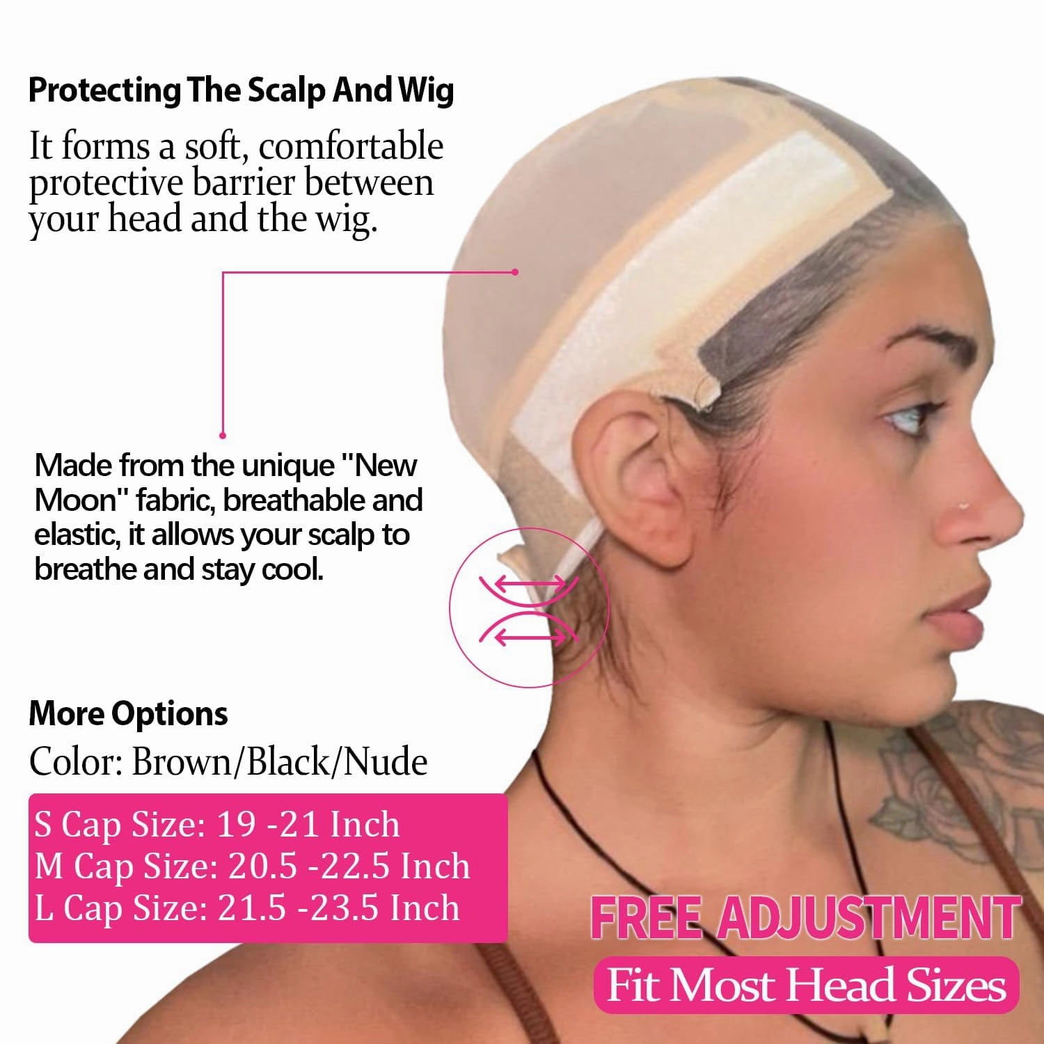 LAB HAIRS Wig Cap with Grip Band for Keeping Wigs in Place, More Full Cap-wide Transparent Lace for Lace Front Wigs - Brown/Black/Nude Non Slip Cap Make Your Wig Be Glueless (Nude, L)