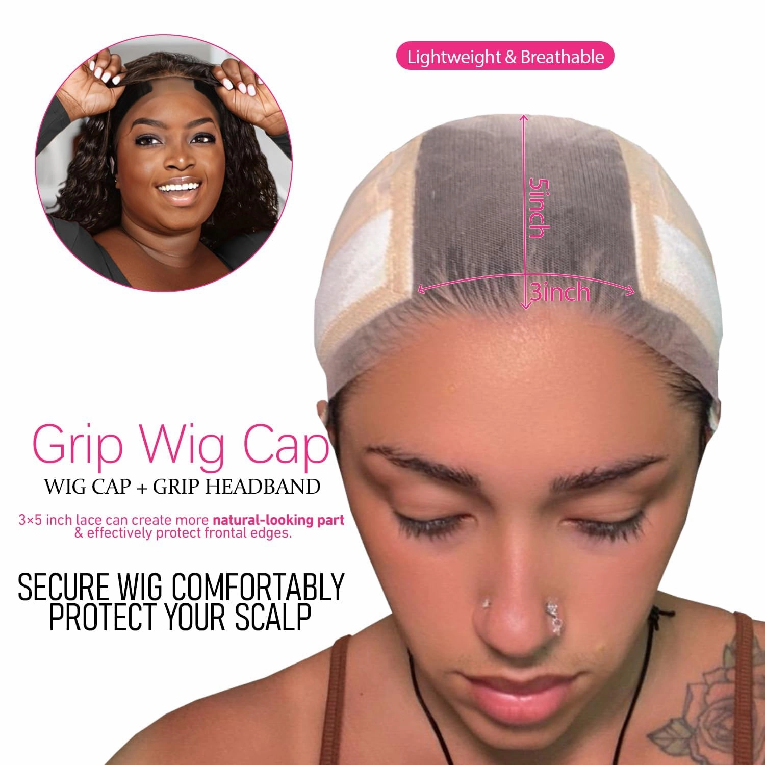 LAB HAIRS Wig Cap with Grip Band for Keeping Wigs in Place, More Full Cap-wide Transparent Lace for Lace Front Wigs - Brown/Black/Nude Non Slip Cap Make Your Wig Be Glueless (Nude, L)