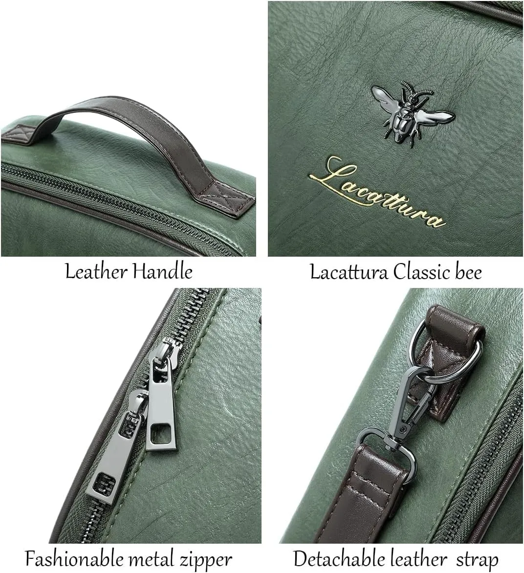 LACATTURA Travel Makeup bag, Leather Makeup Train Case Cosmetic Organizer for Makeup Brushes Toiletry Digital Accessories, Portable Artist Storage Bag With Shoulder Strap for Women lady Green