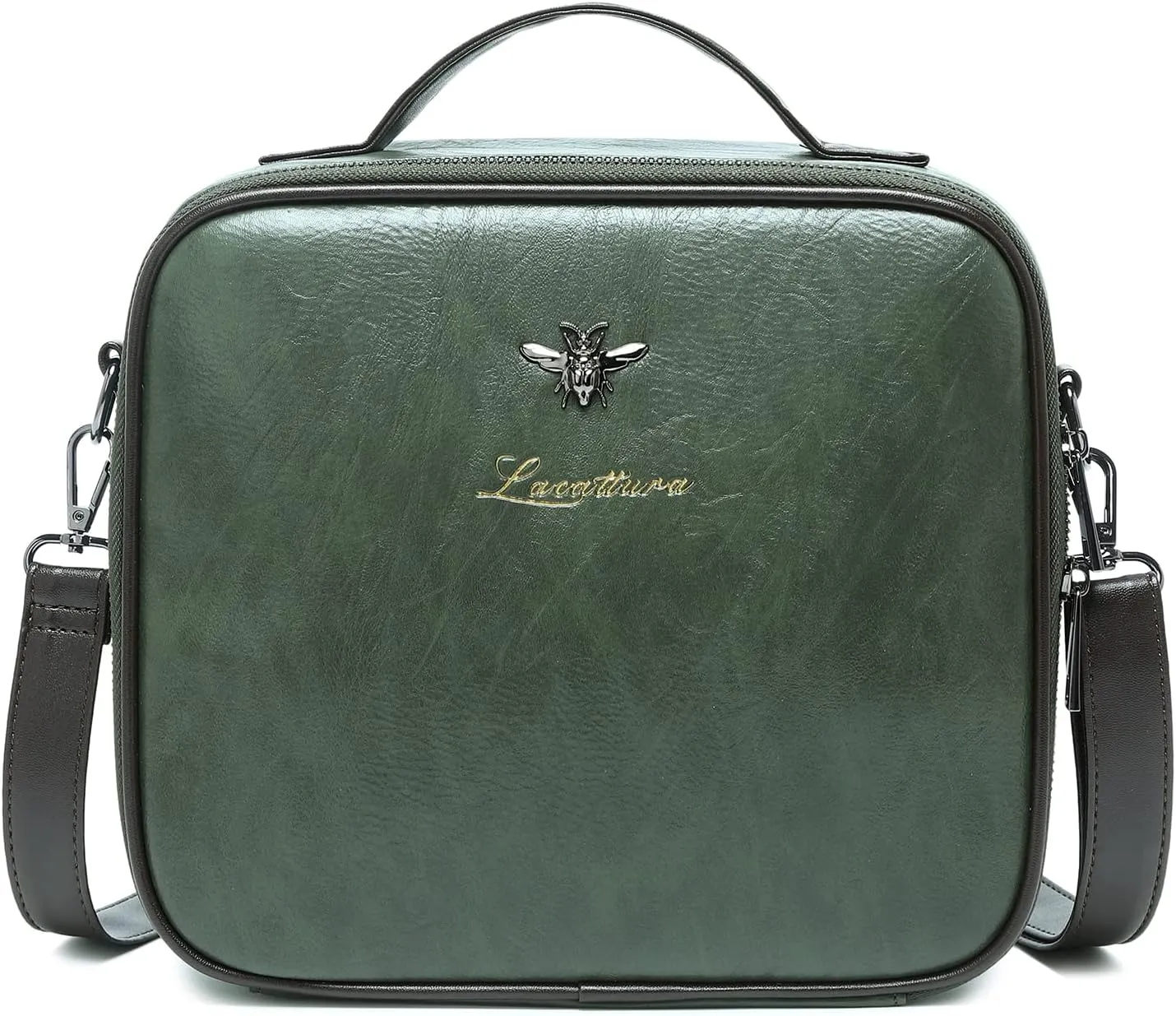 LACATTURA Travel Makeup bag, Leather Makeup Train Case Cosmetic Organizer for Makeup Brushes Toiletry Digital Accessories, Portable Artist Storage Bag With Shoulder Strap for Women lady Green