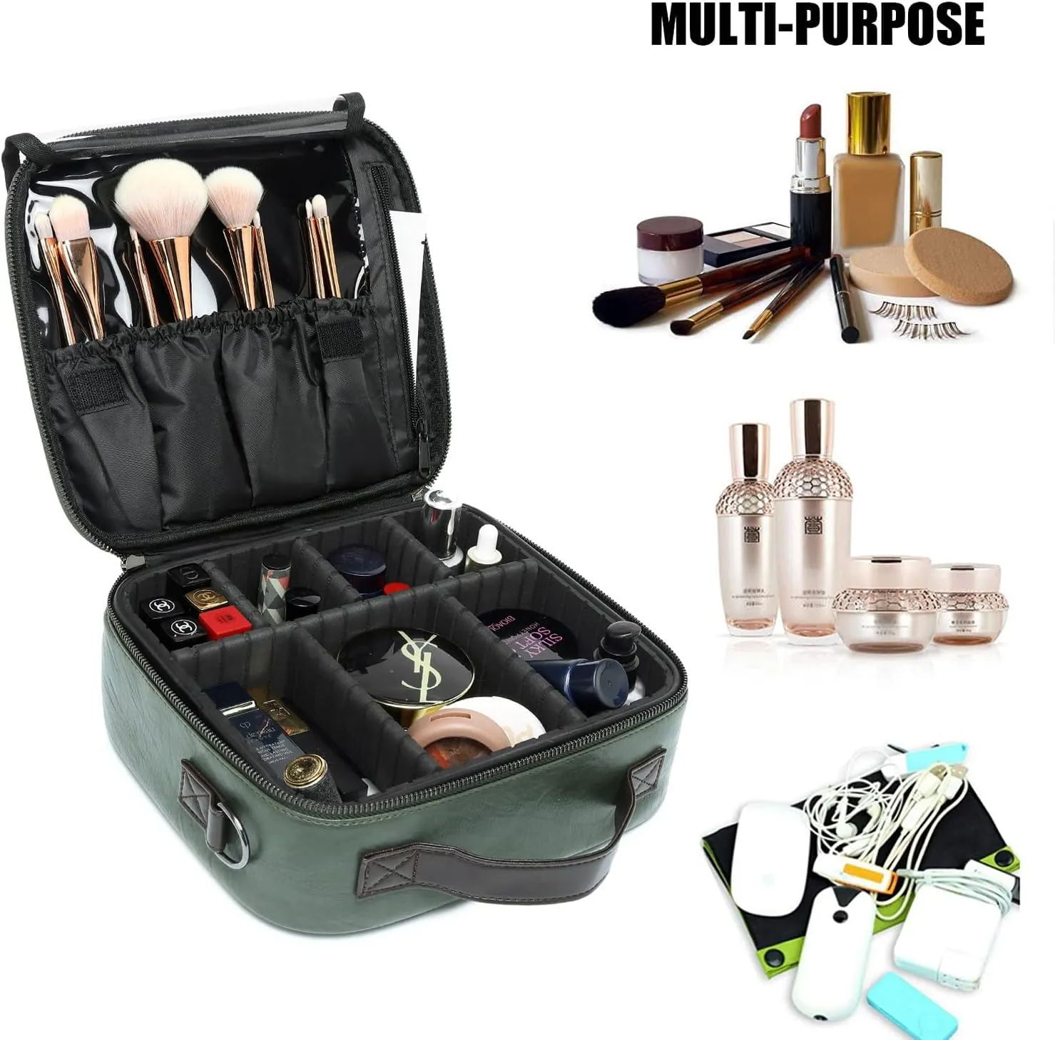 LACATTURA Travel Makeup bag, Leather Makeup Train Case Cosmetic Organizer for Makeup Brushes Toiletry Digital Accessories, Portable Artist Storage Bag With Shoulder Strap for Women lady Green