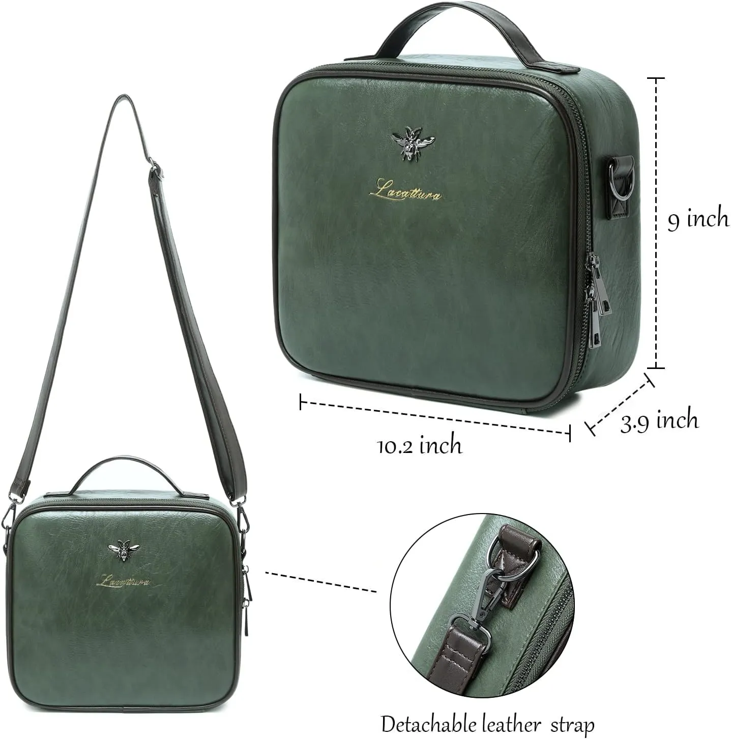 LACATTURA Travel Makeup bag, Leather Makeup Train Case Cosmetic Organizer for Makeup Brushes Toiletry Digital Accessories, Portable Artist Storage Bag With Shoulder Strap for Women lady Green