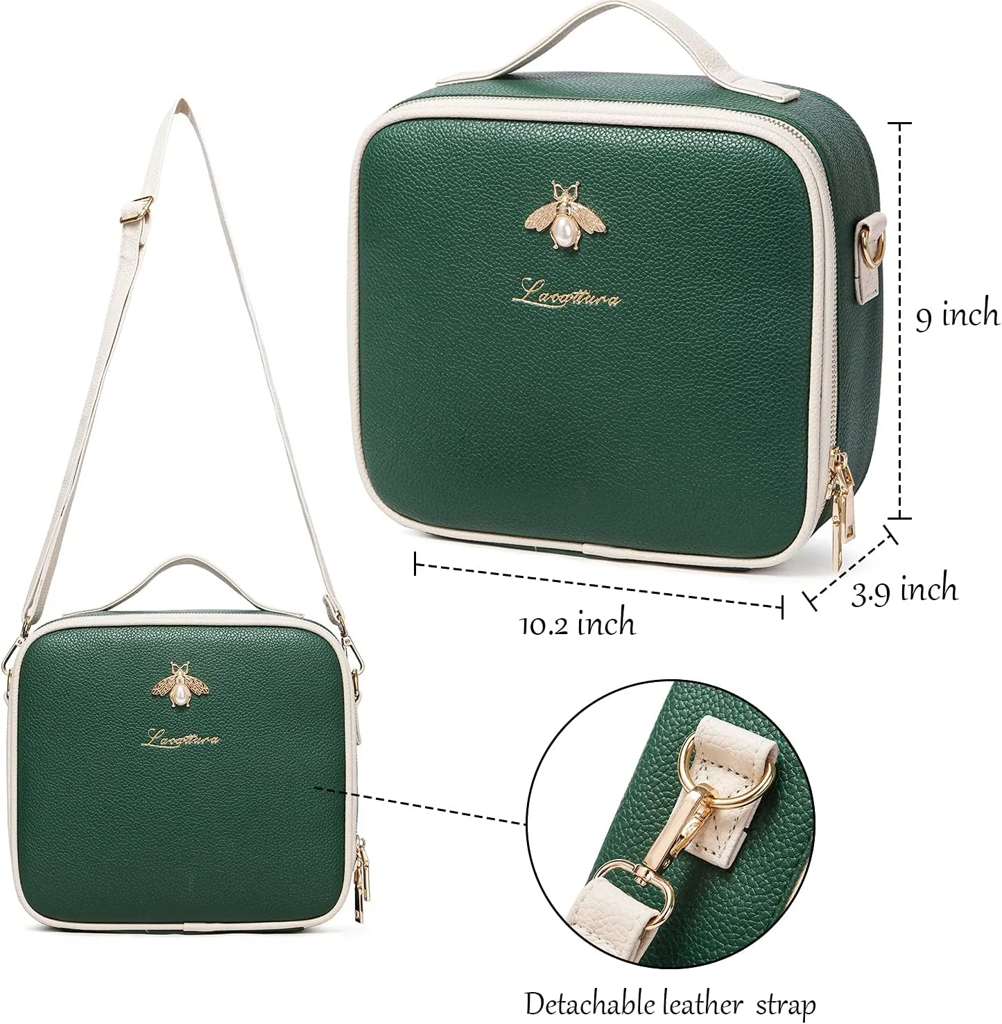 LACATTURA Travel Makeup bag, Leather Makeup Train Case Cosmetic Organizer for Makeup Brushes Toiletry Digital Accessories, Portable Artist Storage Bag With Shoulder Strap for Women lady Green