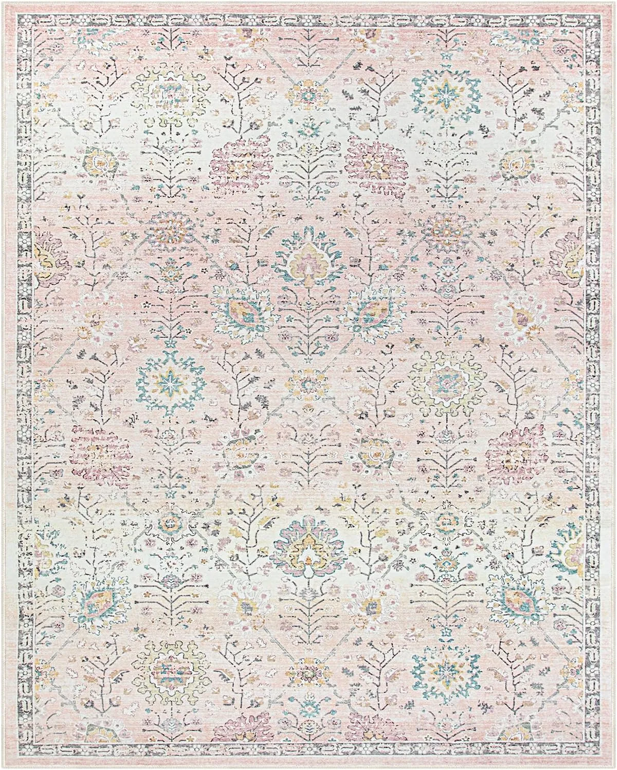 Lahome Pink Boho Area Rug, 8x10 Washable Rugs for Bedroom Girls Living Room, Soft Blush Floral Non Slip Pastel Thin Floor Carpet for Classroom Playroom Home Decor