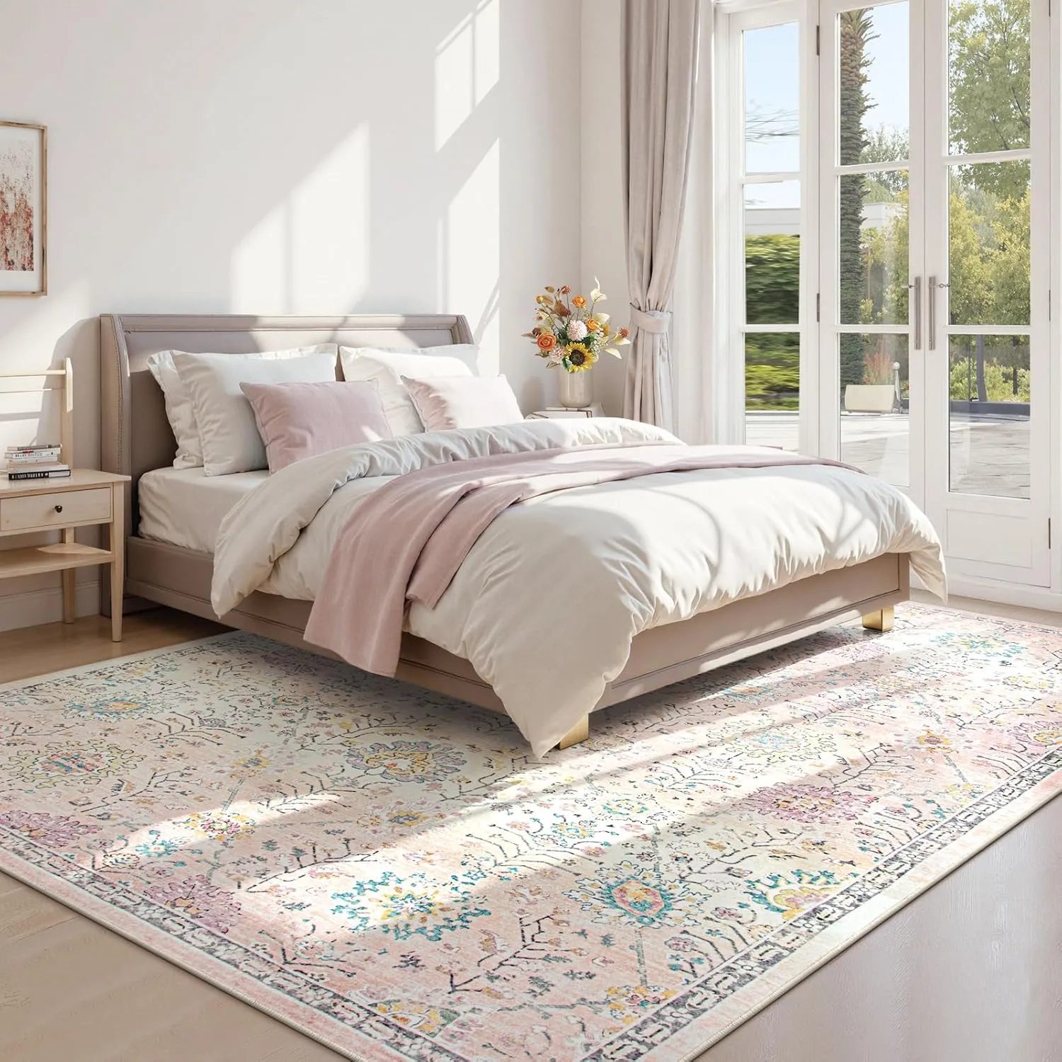 Lahome Pink Boho Area Rug, 8x10 Washable Rugs for Bedroom Girls Living Room, Soft Blush Floral Non Slip Pastel Thin Floor Carpet for Classroom Playroom Home Decor