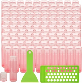 LANIAKEA 100PCS Lip Balm Tubes with Filling Tray and Spatula Set, Clear Containers with Pink Caps, Empty Chapstick Tubes Bulk for DIY Lipstick Homemade 3/16 Oz (5.5 ml)