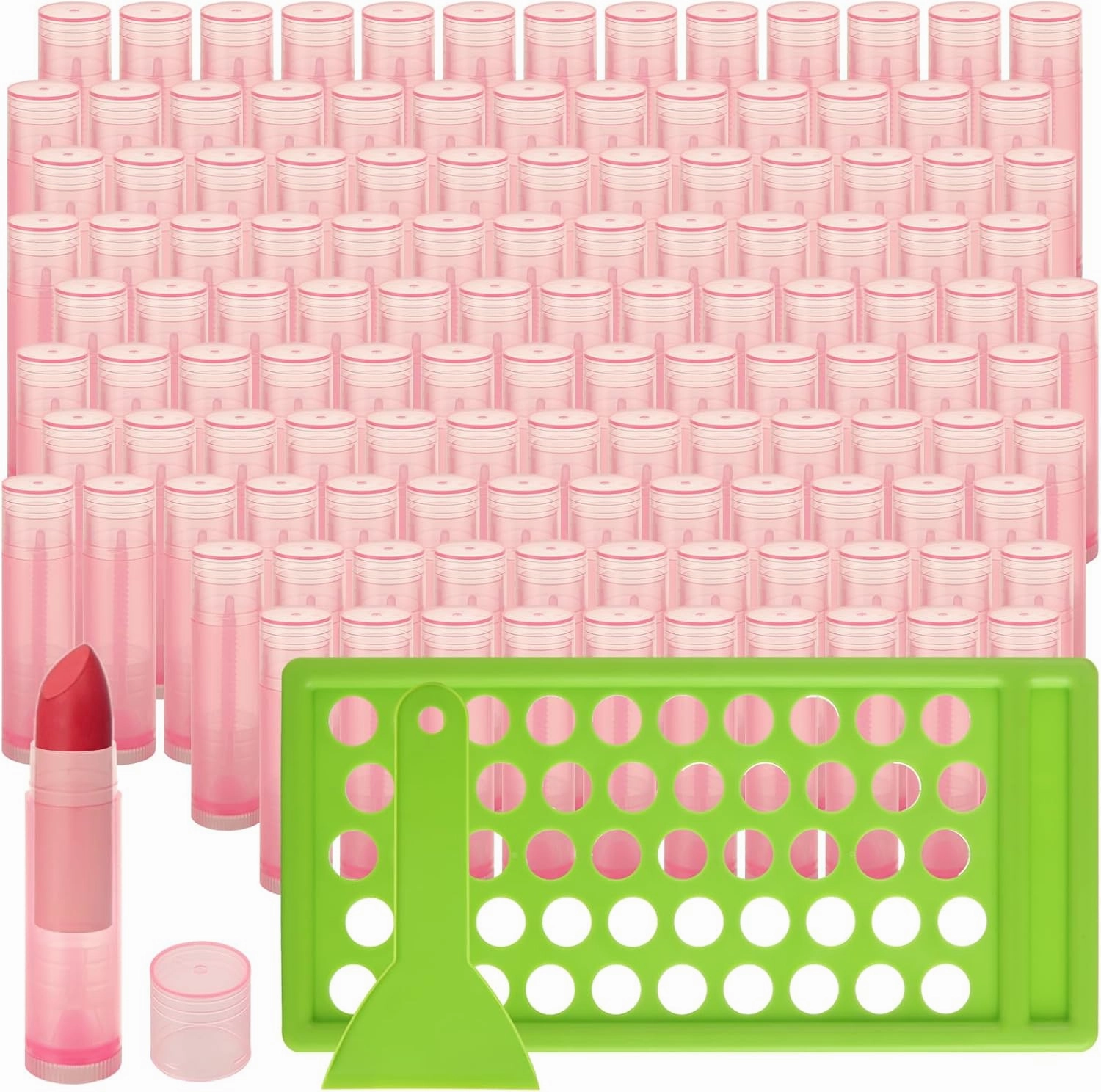 LANIAKEA 200PCS Lip Balm Tubes with Filling Tray and Spatula Set, Translucent Clear Lip Balm Container Tubes with Pink Caps, Empty Chapstick Tubes Bulk for DIY Lipstick Homemade 3/16 Oz (5.5 ml)