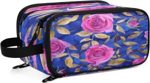 Large Capacity Travel Cosmetic Bag for Women Bright Pink Roses Travel Portable Cosmetic Pouch With Handle and Divider Flat Lay Bag Organizer Toiletry Bag Makeup Box for Skincare Cosmetics