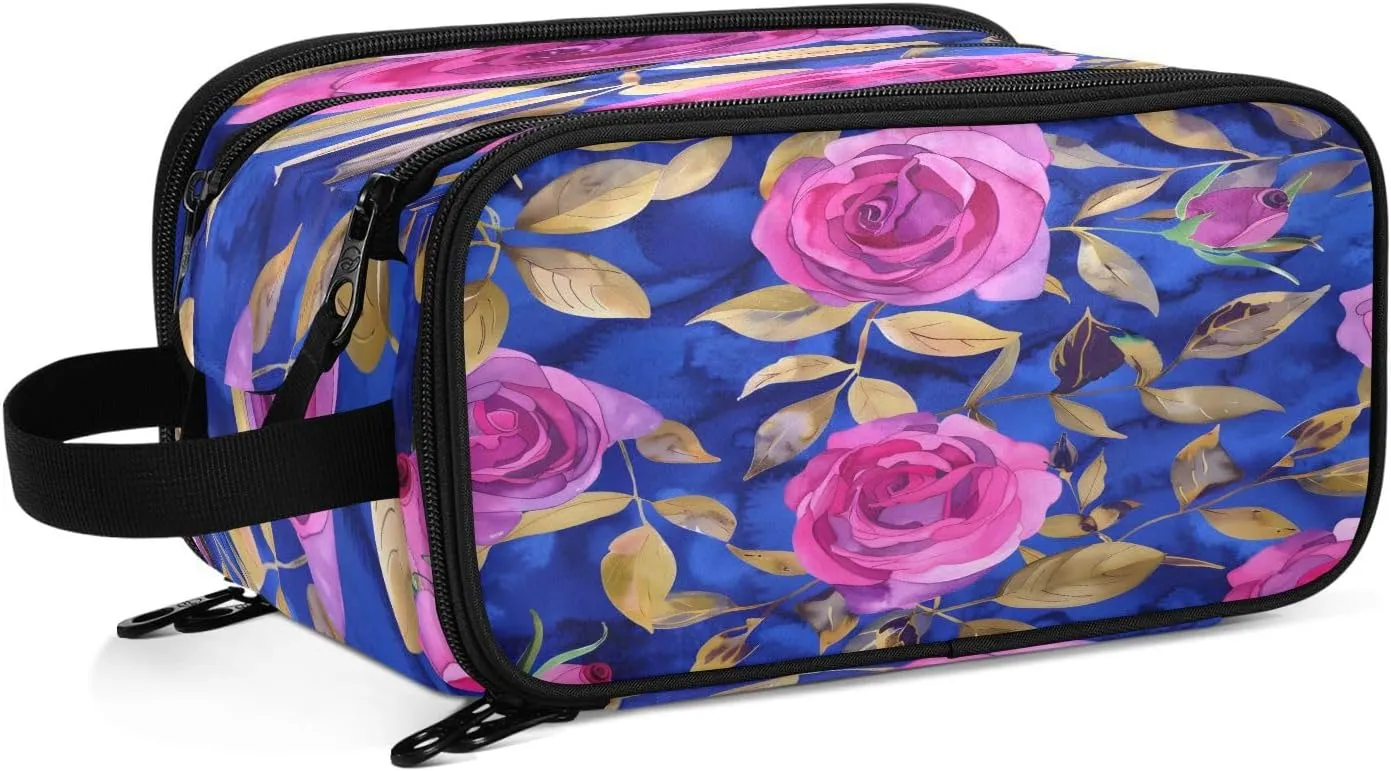 Large Capacity Travel Cosmetic Bag for Women Bright Pink Roses Travel Portable Cosmetic Pouch With Handle and Divider Flat Lay Bag Organizer Toiletry Bag Makeup Box for Skincare Cosmetics