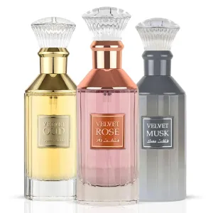 LATTAFA Velvet Oud, Velvet Rose & Velvet Musk Eau De Parfum Sprays 100ML (3.4 OZ) | A Luxurious Trio Of Rich Oud, Bold Florals & Soft Musk.