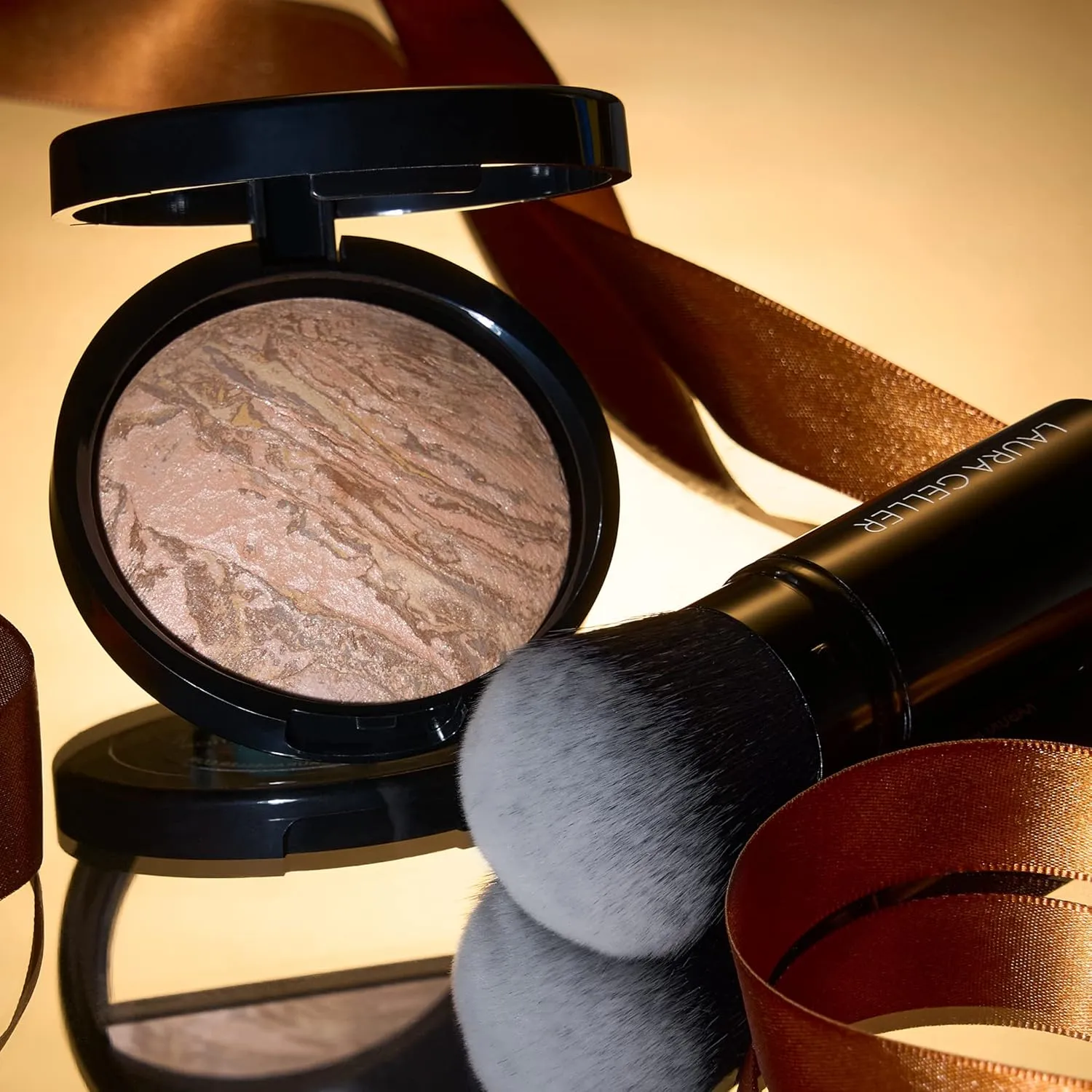 LAURA GELLER NEW YORK Get Glowing Kit (2pc): Baked Balance-n-Glow Illuminating Powder Foundation, Medium   Airbrush Kabuki Makeup Brush