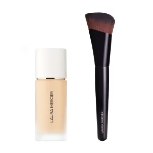 Laura Mercier Real Flawless Weightless Perfecting Waterproof Liquid Foundation: Medium-Buildable Coverage, 12 HR Fade-Proof Wear, Hydrating, Non-Comedogenic, 0W1 Satin   Foundation Brush Bundle