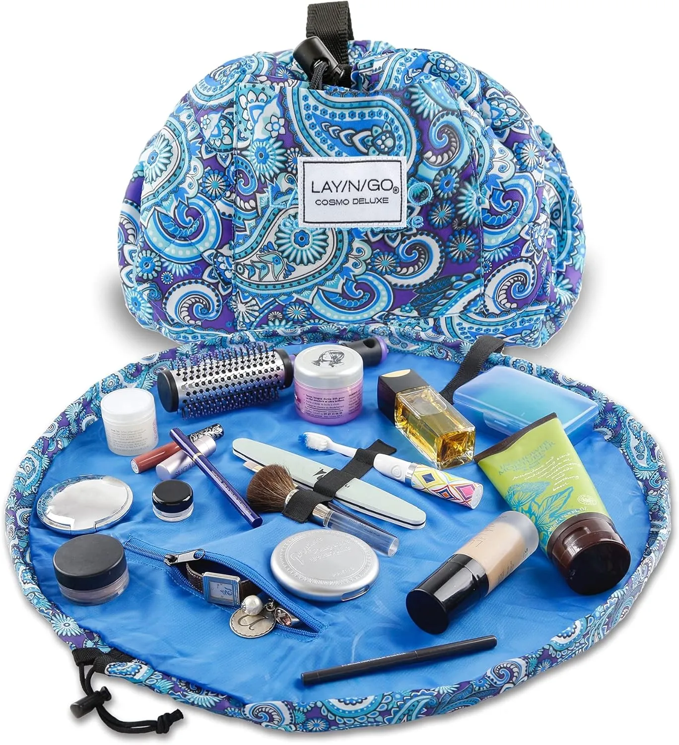Lay-n-Go Cosmo Drawstring Cosmetic & Makeup Bag Organizer - Portable Drawstring Bag w/Zipper Pocket, Makeup Loops & More - Durable, Machine Washable Toiletry Bag for Travel (22", Blue Paisley)