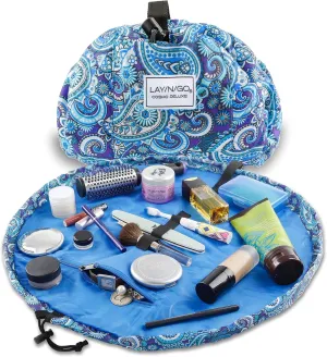 Lay-n-Go Cosmo Drawstring Cosmetic & Makeup Bag Organizer - Portable Drawstring Bag w/Zipper Pocket, Makeup Loops & More - Durable, Machine Washable Toiletry Bag for Travel (22", Blue Paisley)